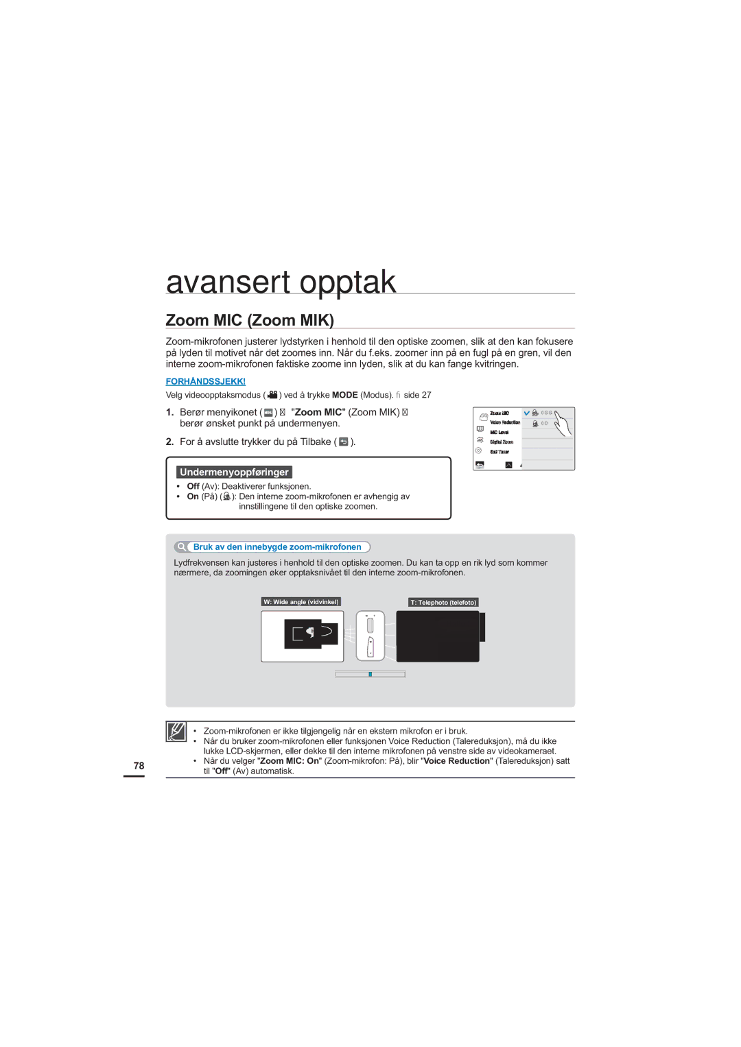 Samsung HMX-S10BP/EDC manual Zoom MIC Zoom MIK, Bruk av den innebygde zoom-mikrofonen, Hallo 