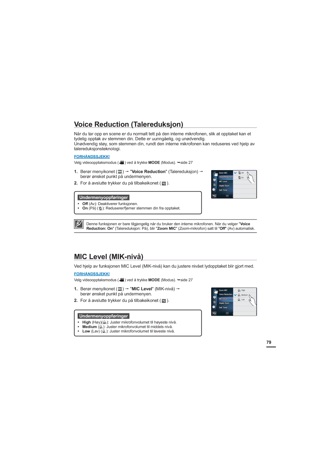 Samsung HMX-S10BP/EDC manual Voice Reduction Talereduksjon, MIC Level MIK-nivå 