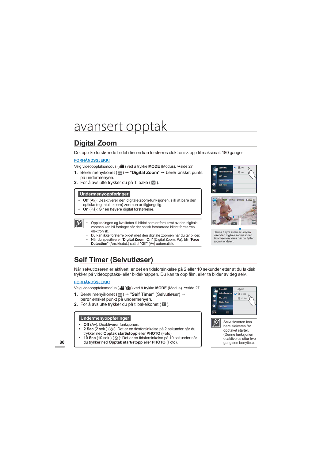 Samsung HMX-S10BP/EDC manual Digital Zoom, Self Timer Selvutløser 