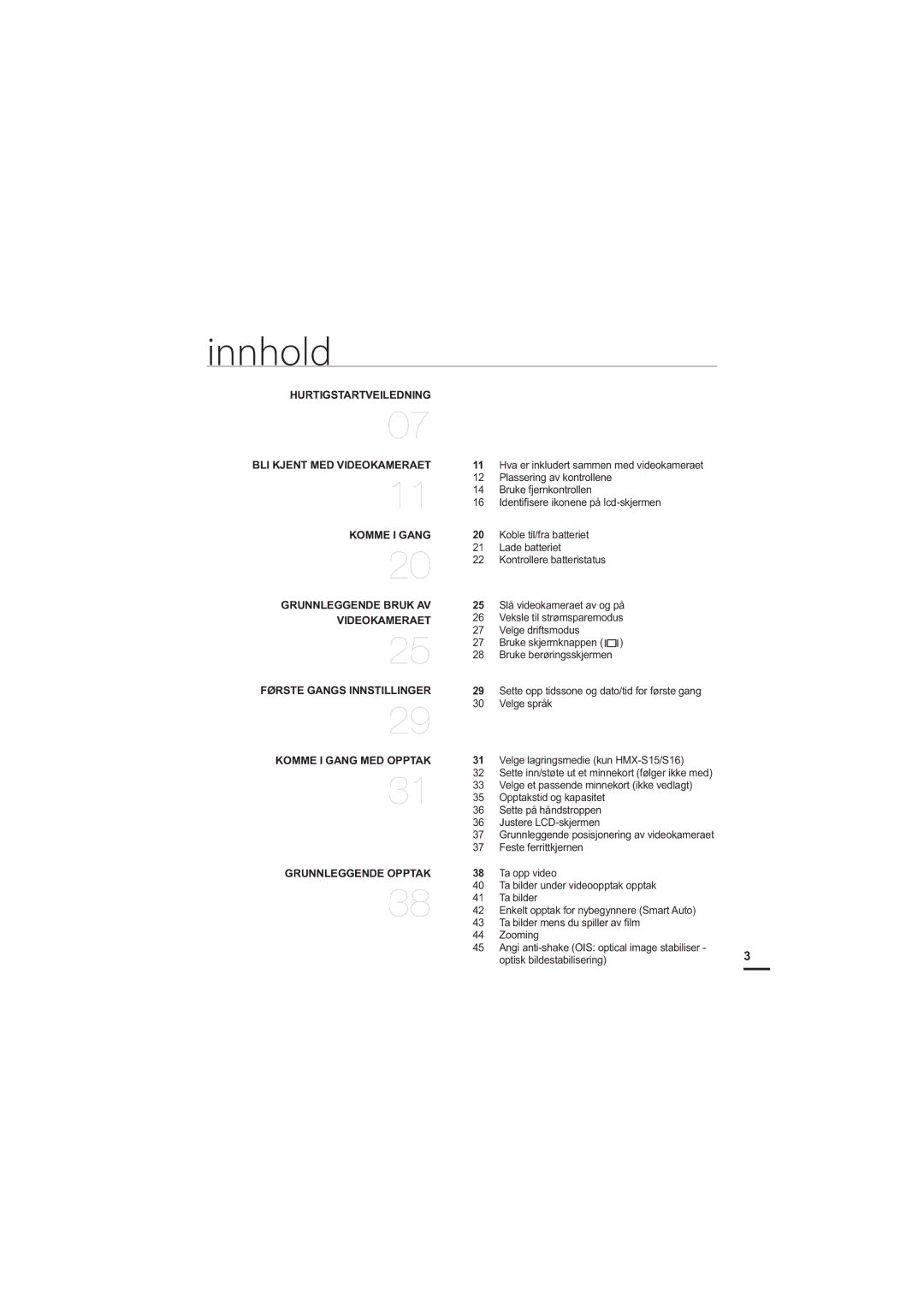 Samsung HMX-S10BP/EDC manual Innhold, Første Gangs Innstillinger 