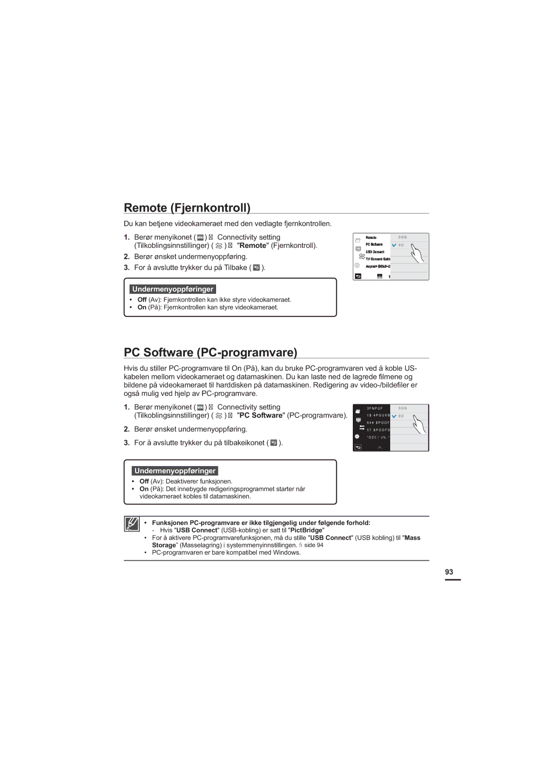 Samsung HMX-S10BP/EDC manual Remote Fjernkontroll, PC Software PC-programvare 