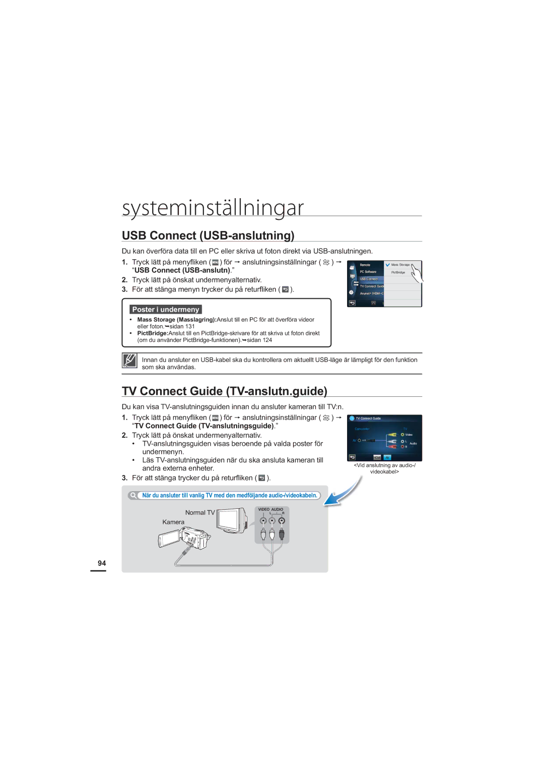 Samsung HMX-S10BP/EDC manual USB Connect USB-anslutning, TV Connect Guide TV-anslutn.guide 