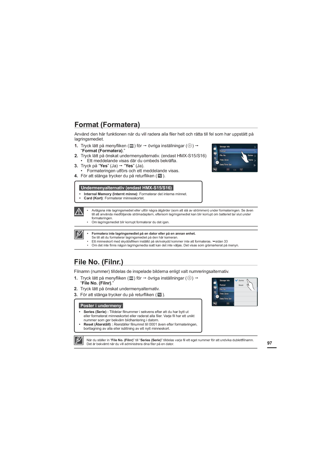 Samsung HMX-S10BP/EDC manual Format Formatera, File No. Filnr 