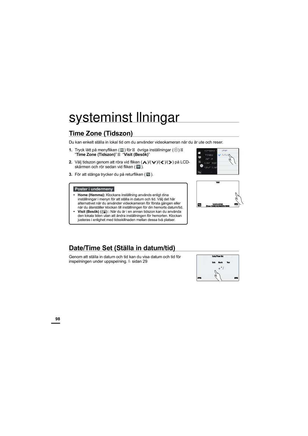 Samsung HMX-S10BP/EDC manual Time Zone Tidszon, Date/Time Set Ställa in datum/tid 