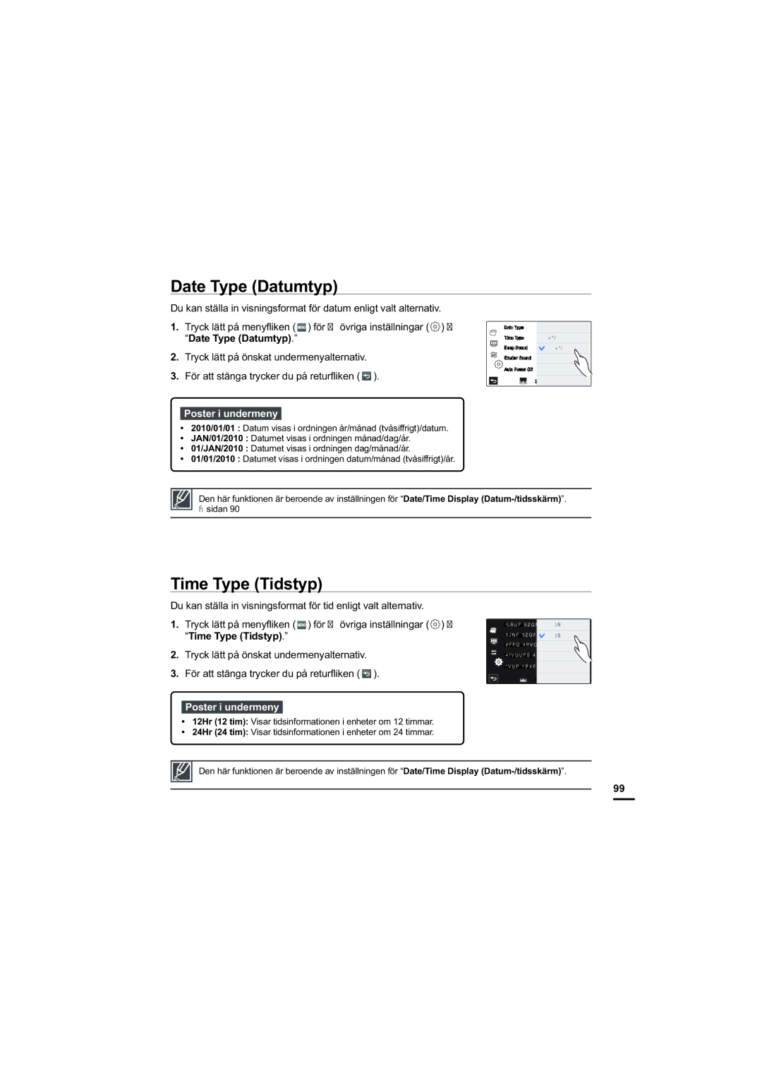 Samsung HMX-S10BP/EDC manual Date Type Datumtyp, Time Type Tidstyp 