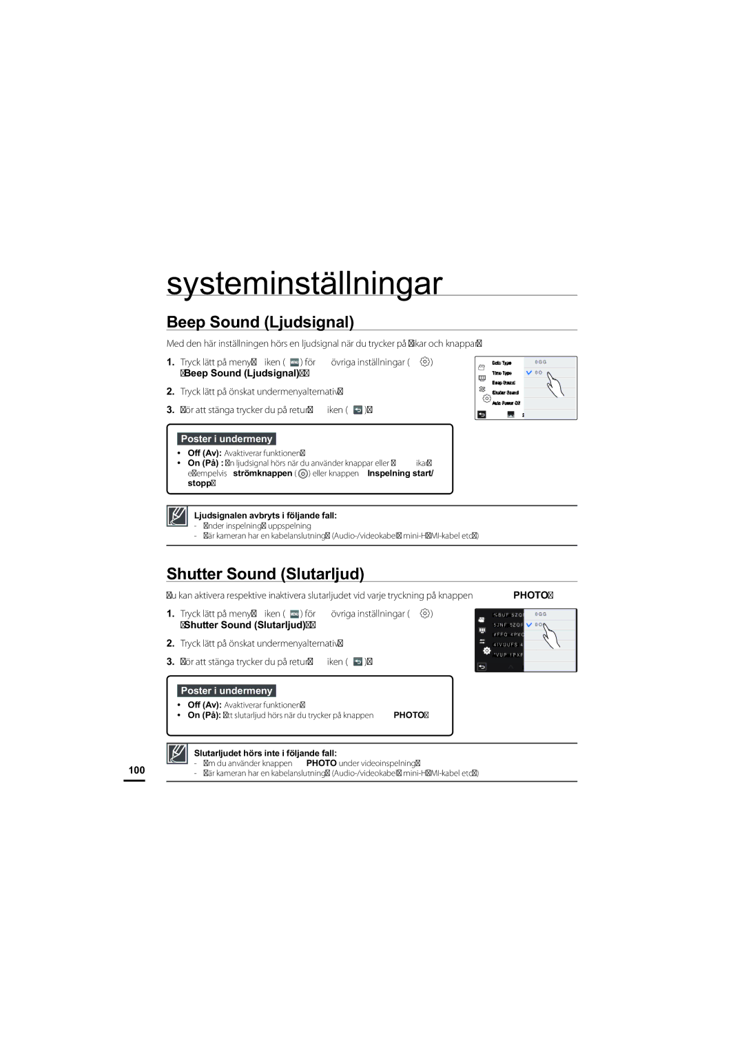 Samsung HMX-S10BP/EDC manual Beep Sound Ljudsignal, Shutter Sound Slutarljud, Ljudsignalen avbryts i följande fall 