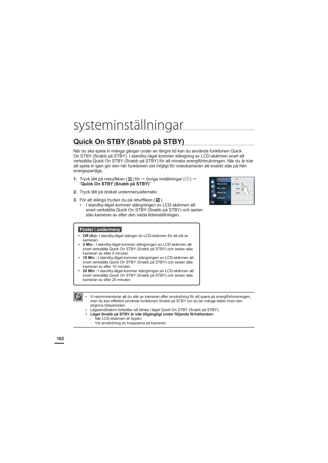 Samsung HMX-S10BP/EDC manual Quick On Stby Snabb på Stby, 102 