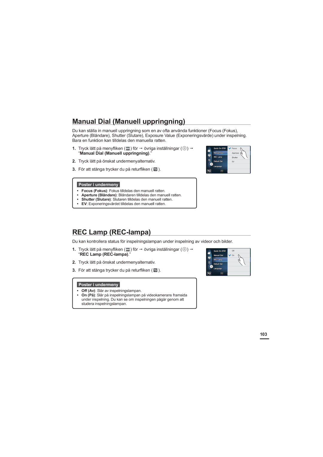 Samsung HMX-S10BP/EDC manual Manual Dial Manuell uppringning, REC Lamp REC-lampa, 103 