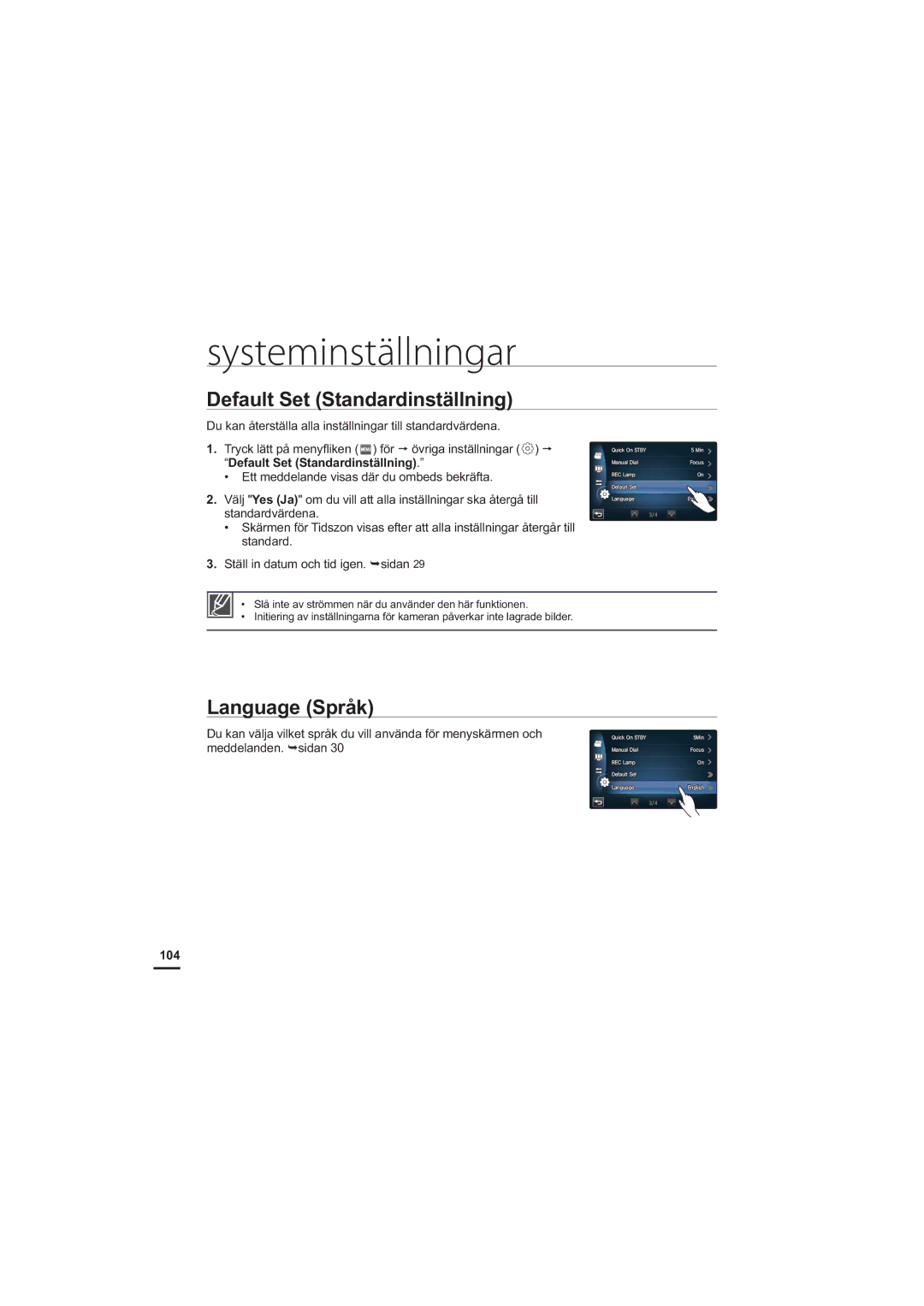 Samsung HMX-S10BP/EDC manual Default Set Standardinställning, Language Språk, 104 