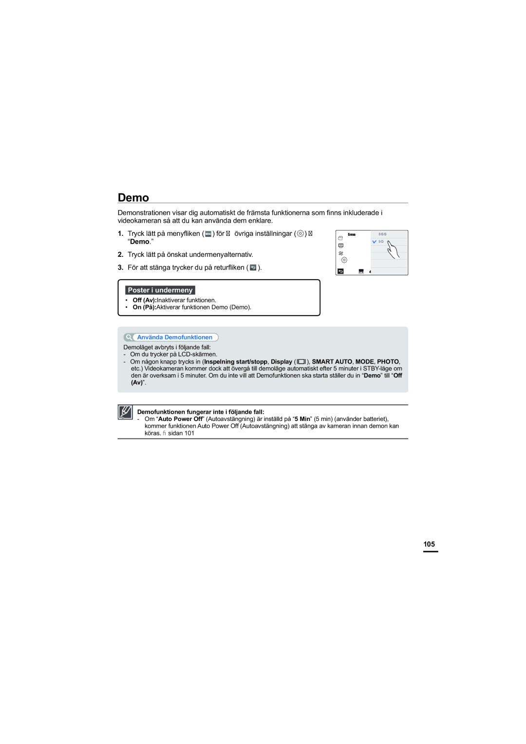 Samsung HMX-S10BP/EDC manual 105, Använda Demofunktionen 