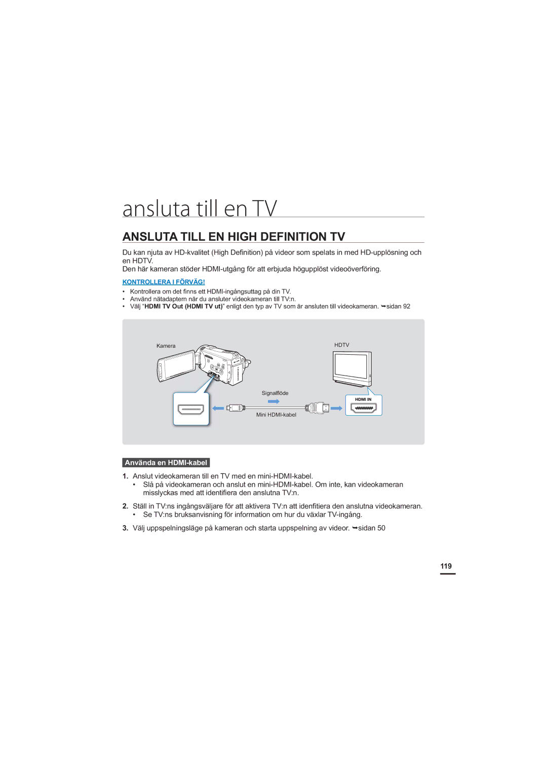 Samsung HMX-S10BP/EDC manual Ansluta till en TV, Ansluta Till EN High Definition TV, Använda en HDMI-kabel, 119 