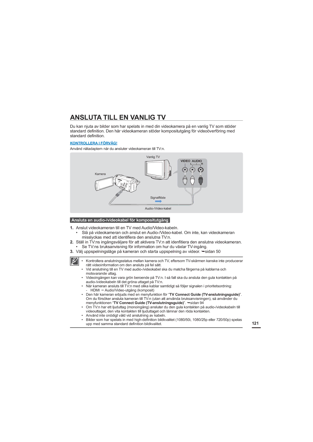 Samsung HMX-S10BP/EDC manual Ansluta Till EN Vanlig TV, Ansluta en audio-/videokabel för kompositutgång, 121 