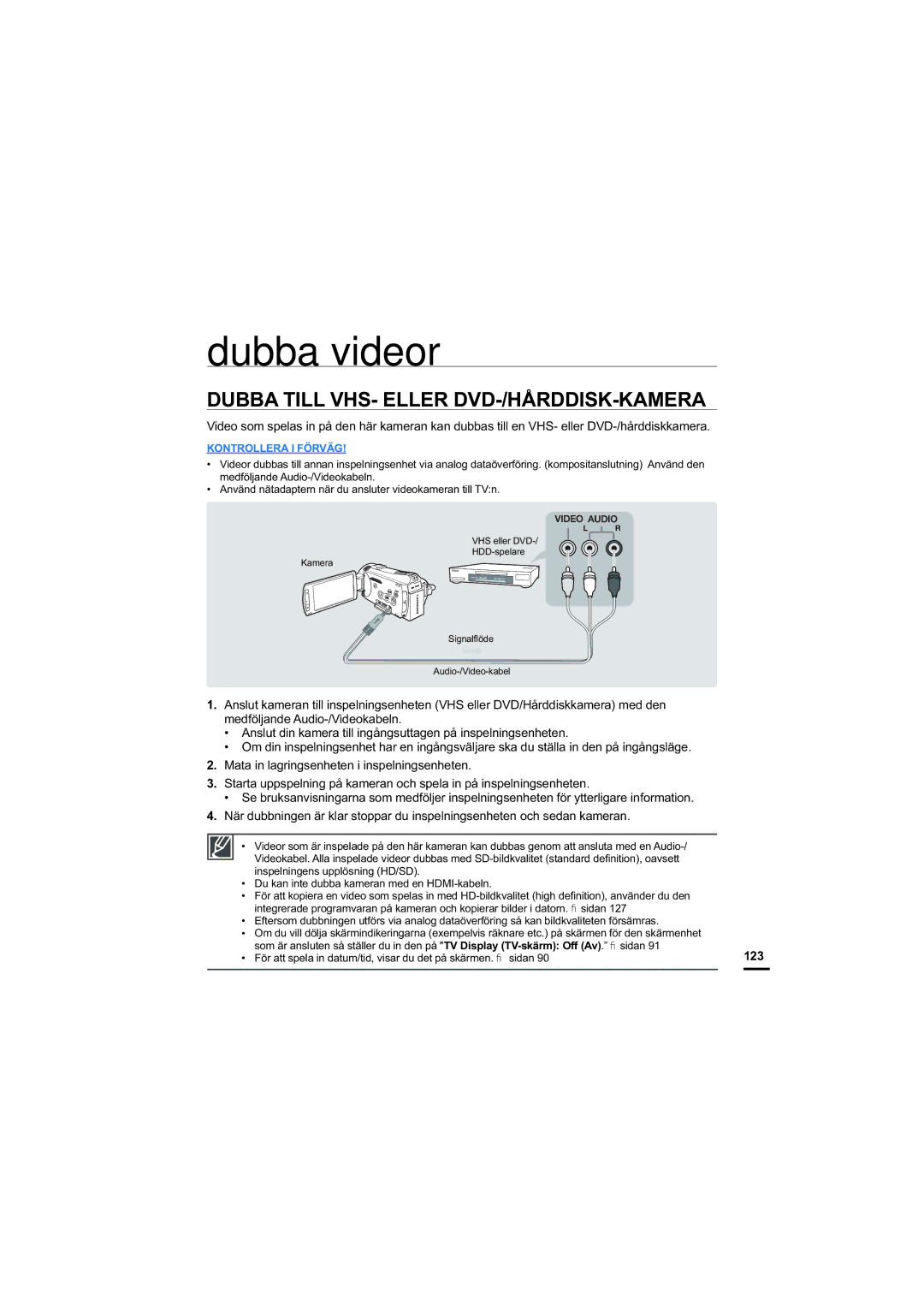 Samsung HMX-S10BP/EDC manual Dubba videor, Dubba Till VHS- Eller DVD-/HÅRDDISK-KAMERA, 123 