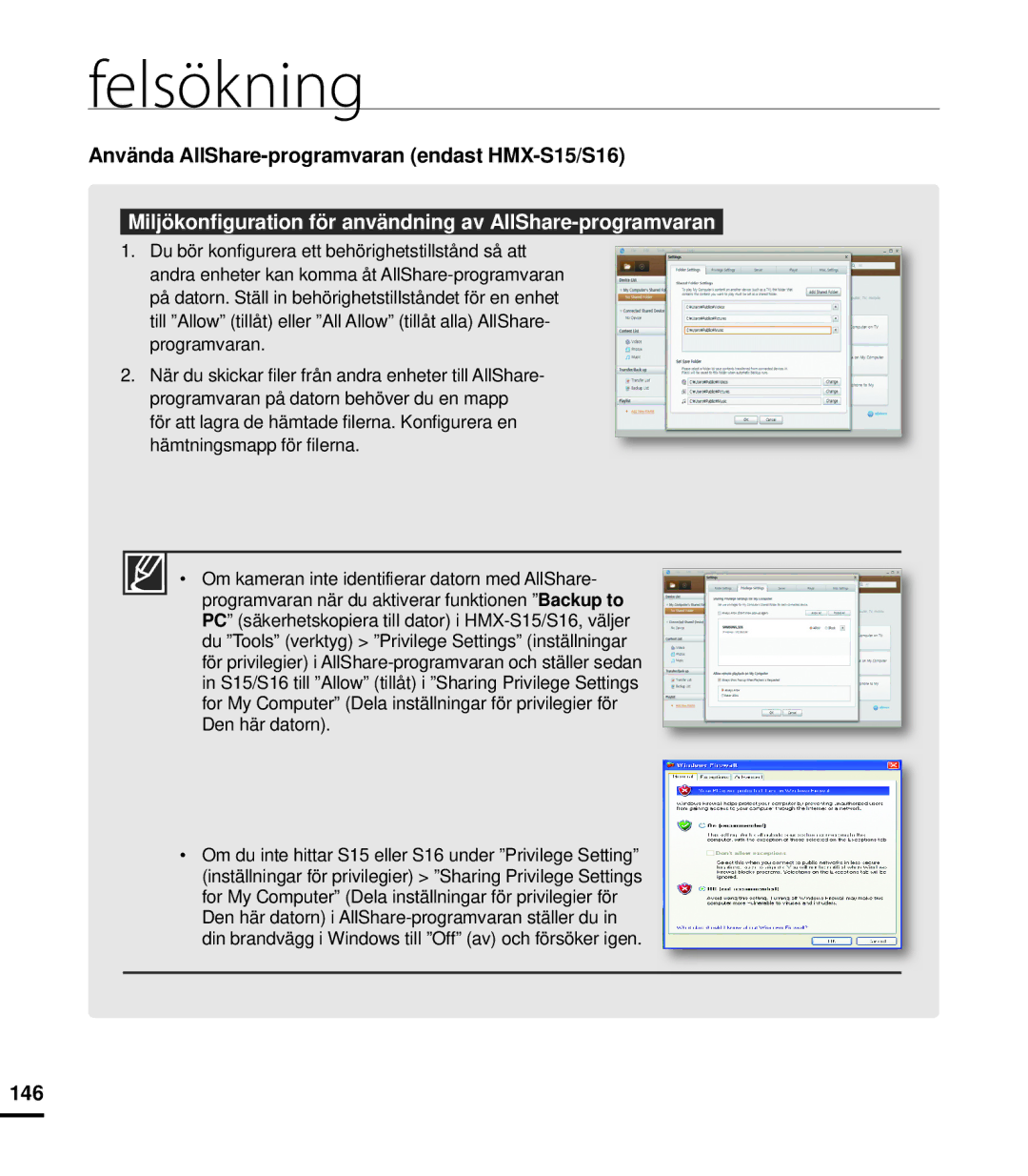 Samsung HMX-S10BP/EDC manual Felsökning, Miljökonfiguration för användning av AllShare-programvaran 