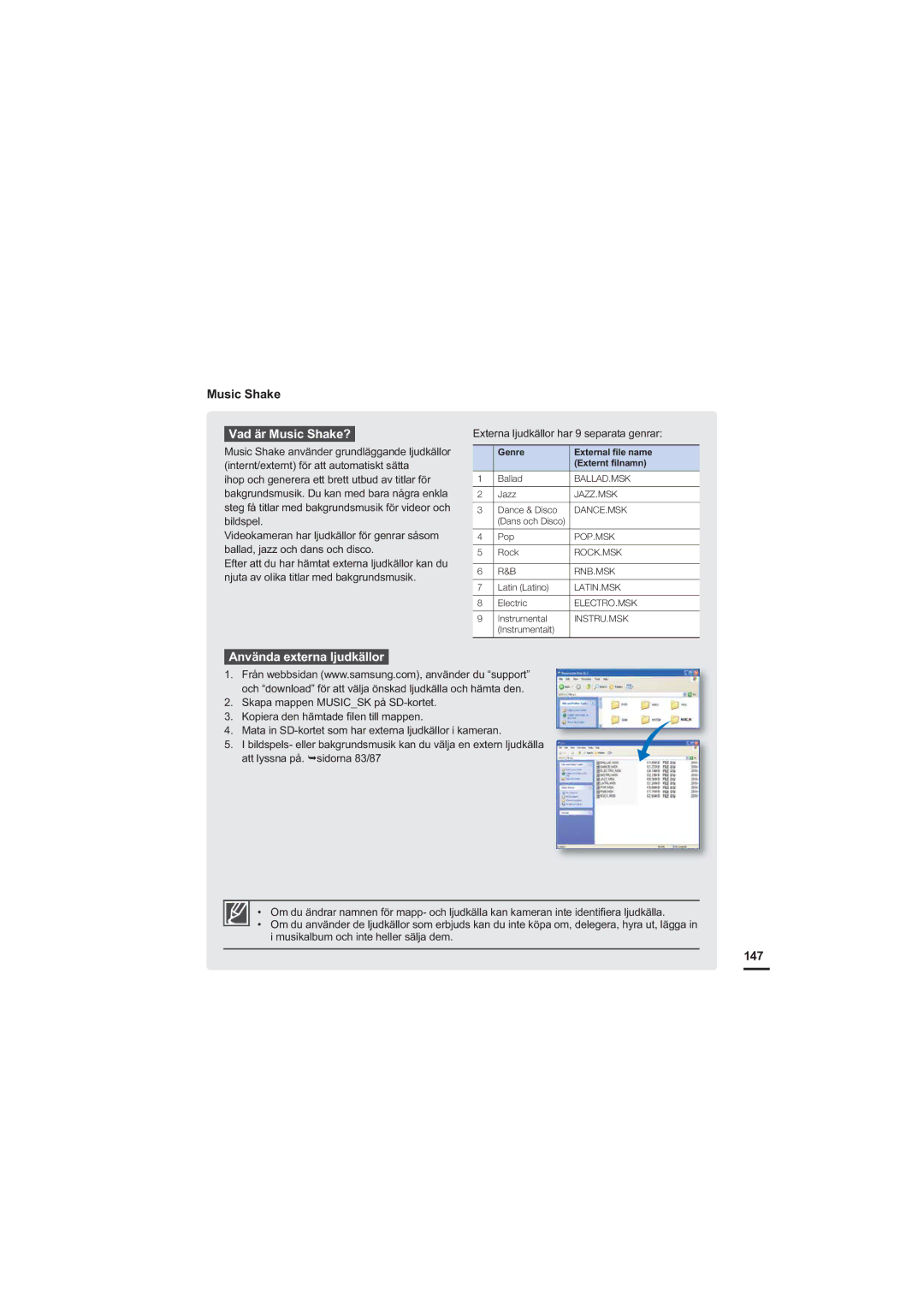 Samsung HMX-S10BP/EDC manual Vad är Music Shake?, Använda externa ljudkällor, 147 