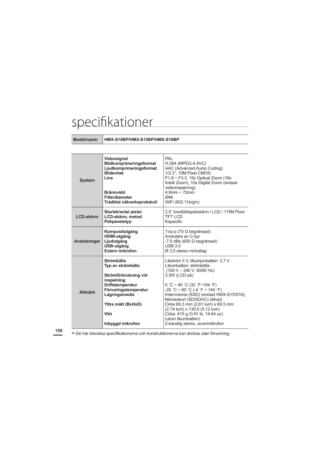 Samsung HMX-S10BP/EDC manual Specifikationer 