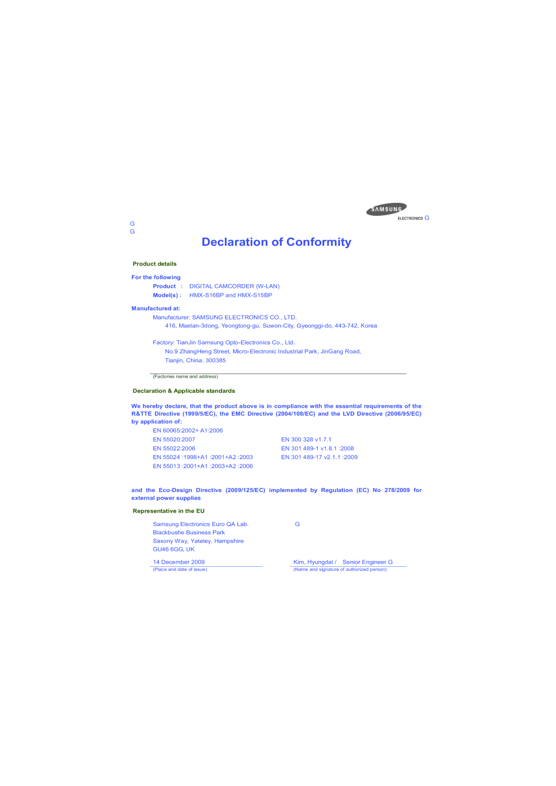 Samsung HMX-S10BP/EDC manual Declaration of Conformity 