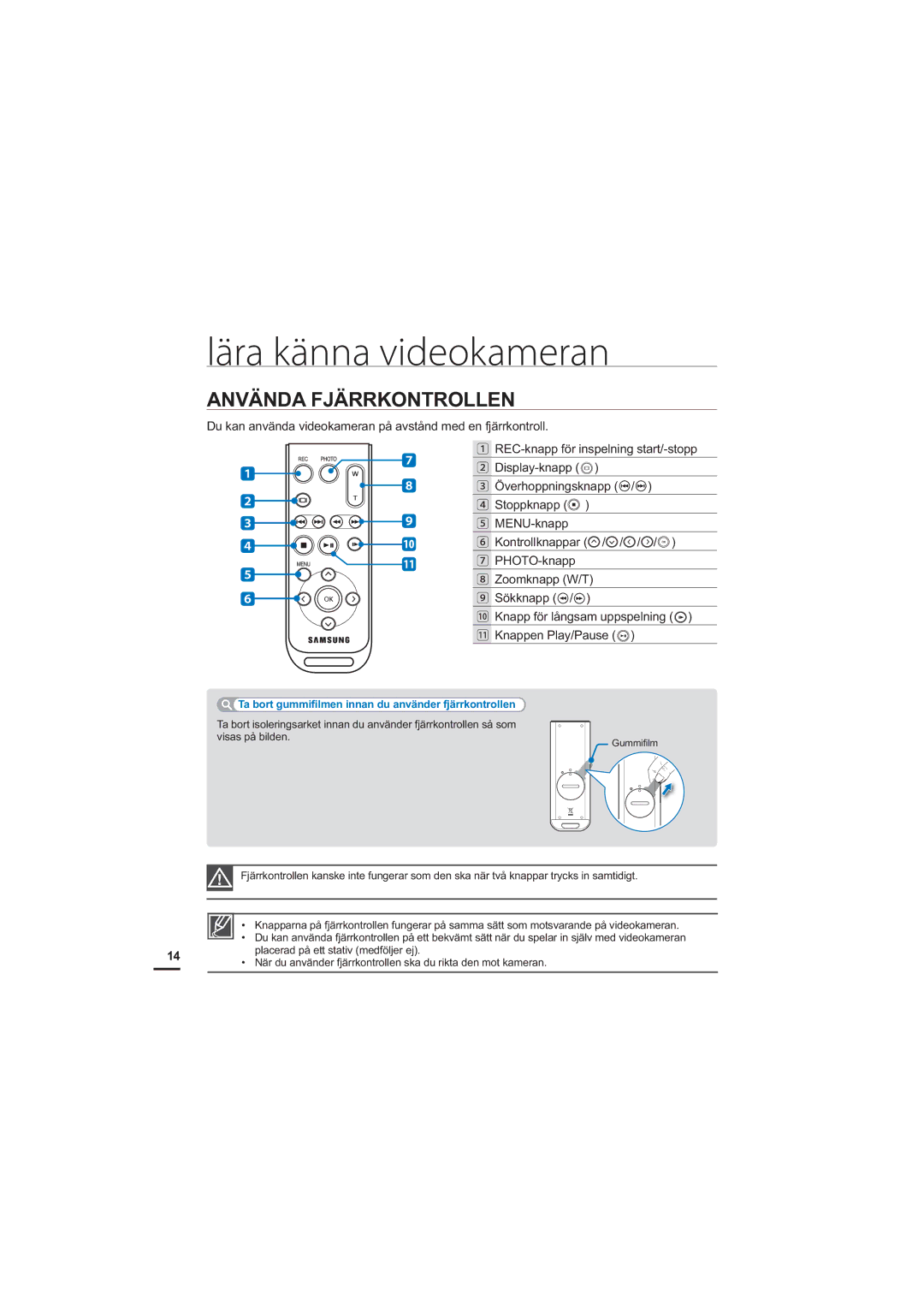 Samsung HMX-S10BP/EDC manual Lära känna videokameran, Använda Fjärrkontrollen 