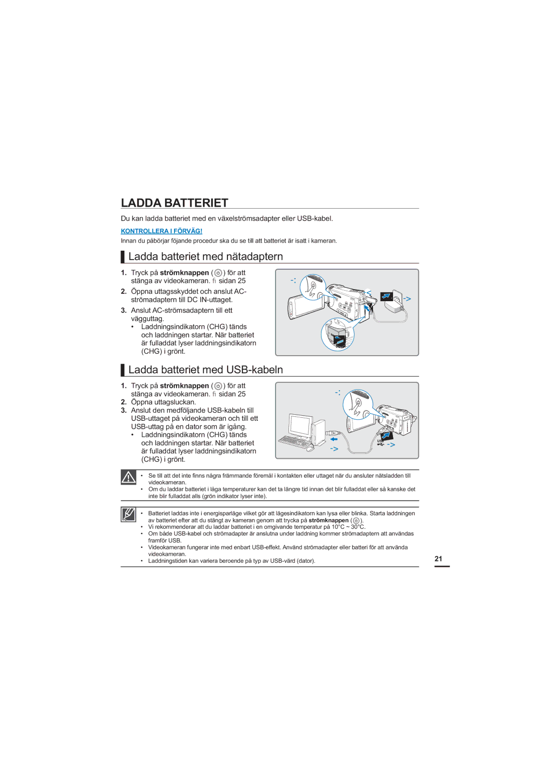 Samsung HMX-S10BP/EDC manual Ladda Batteriet, Ladda batteriet med nätadaptern, Ladda batteriet med USB-kabeln 