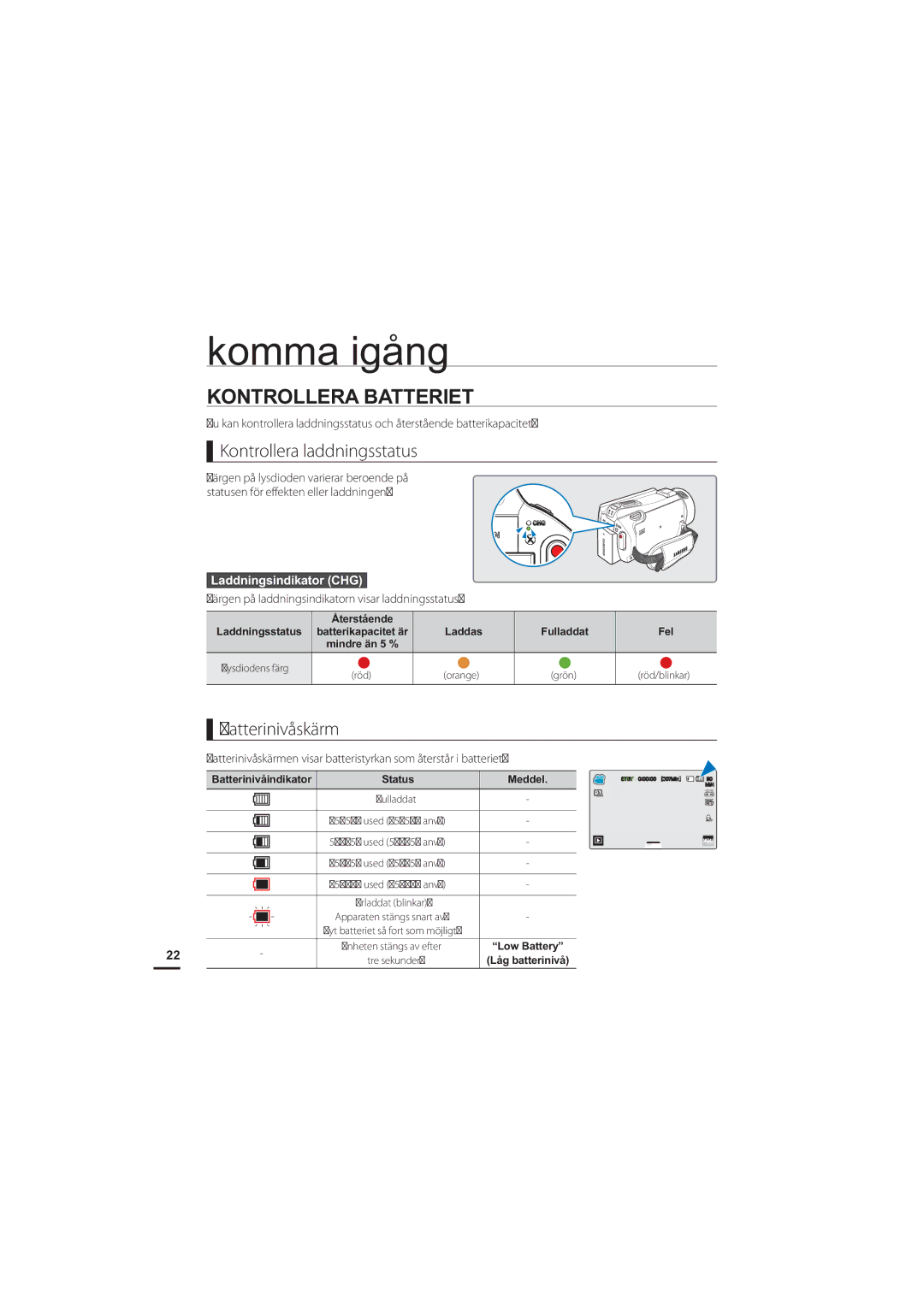 Samsung HMX-S10BP/EDC manual Kontrollera Batteriet, Kontrollera laddningsstatus, Batterinivåskärm, Laddningsindikator CHG 