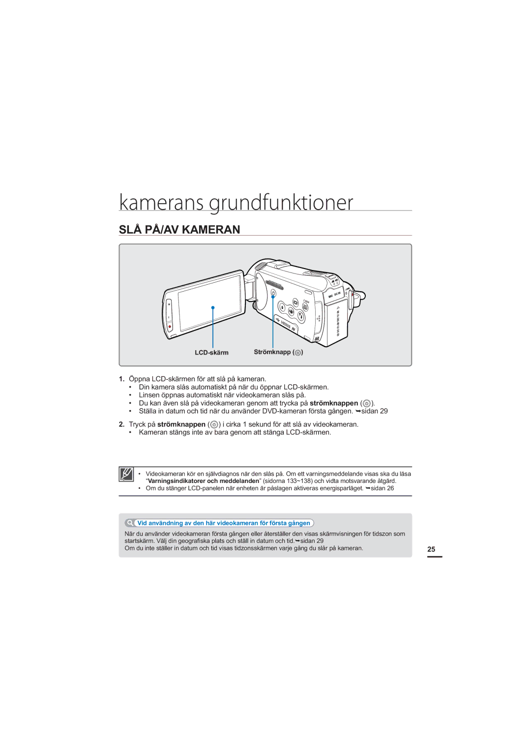 Samsung HMX-S10BP/EDC manual Kamerans grundfunktioner, SLÅ PÅ/AV Kameran 