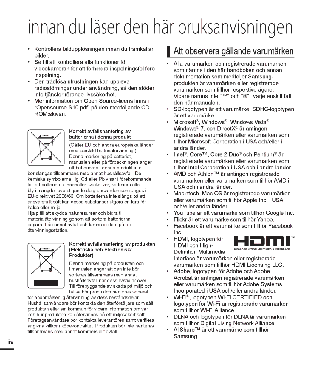 Samsung HMX-S10BP/EDC manual Innan du läser den här bruksanvisningen 