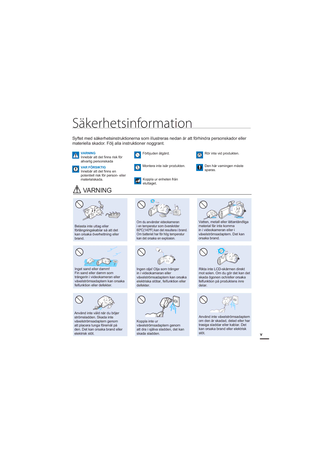 Samsung HMX-S10BP/EDC manual Säkerhetsinformation, Varning 