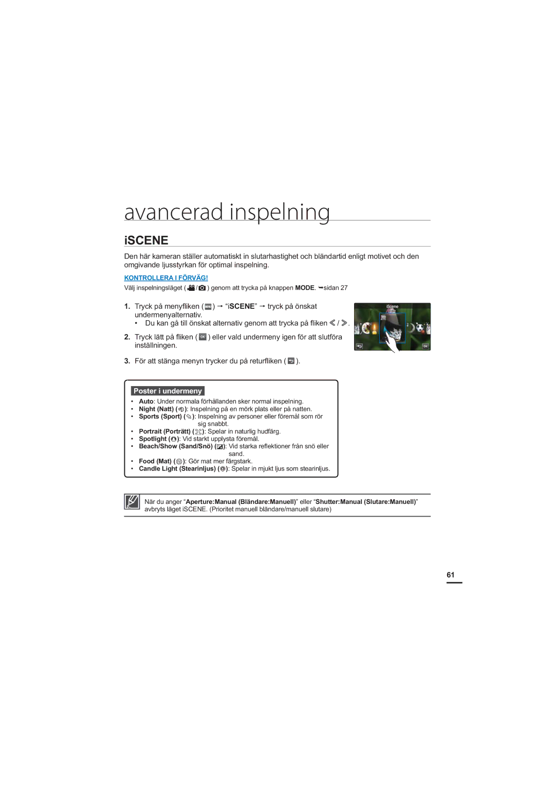 Samsung HMX-S10BP/EDC manual Avancerad inspelning, Iscene 