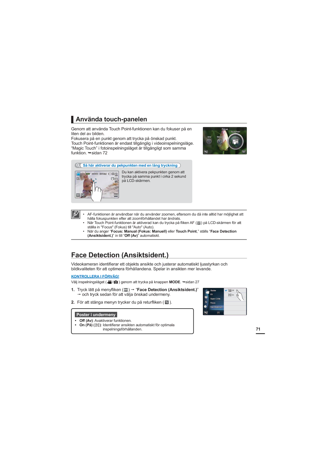 Samsung HMX-S10BP/EDC manual Tryck lätt på menyﬂiken Face Detection Ansiktsident 