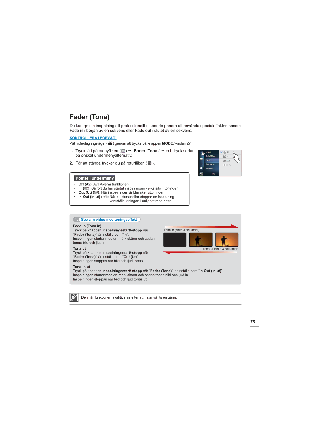 Samsung HMX-S10BP/EDC manual Fader Tona, Spela in video med toningseffekt 