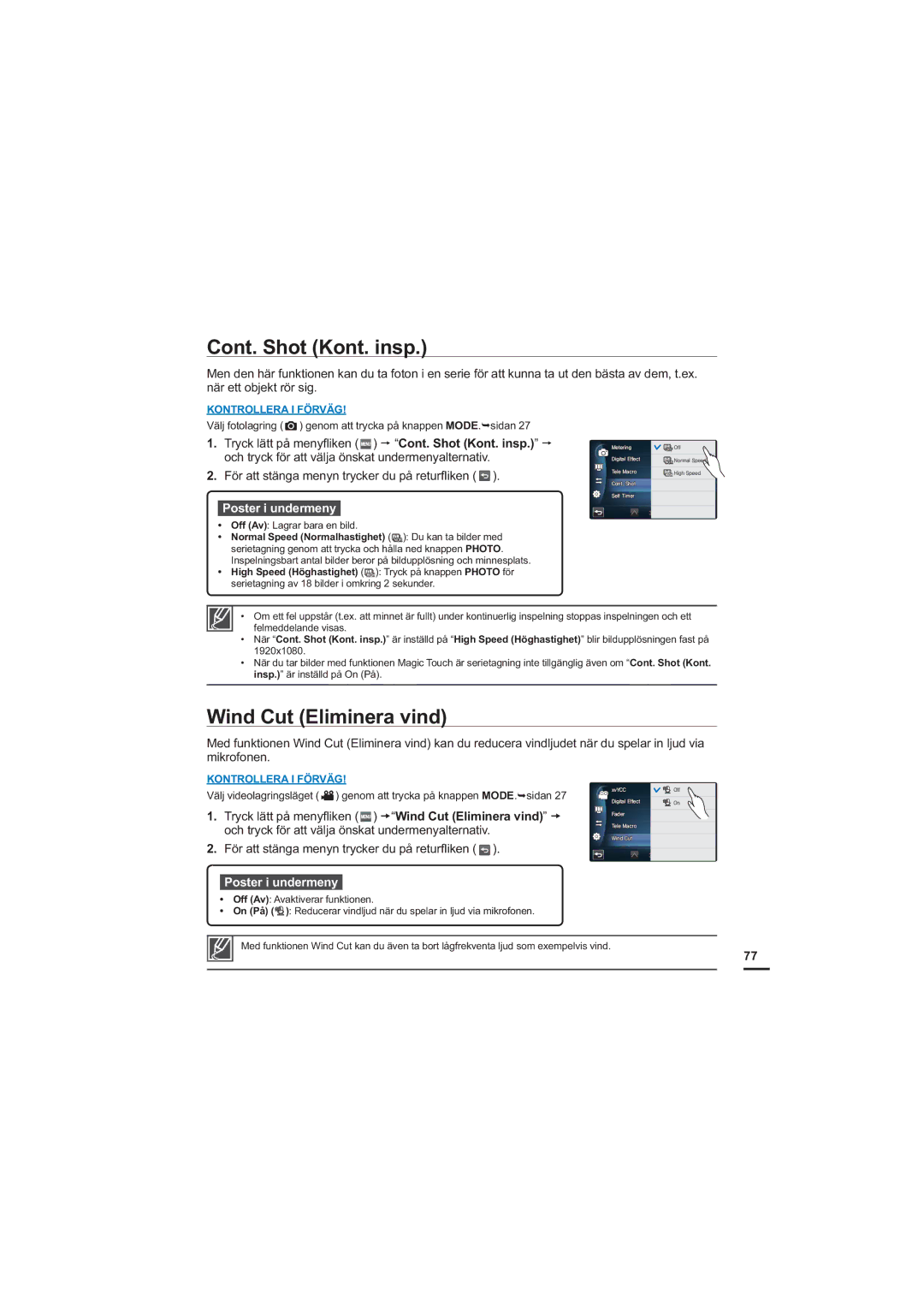 Samsung HMX-S10BP/EDC manual Cont. Shot Kont. insp, Wind Cut Eliminera vind 