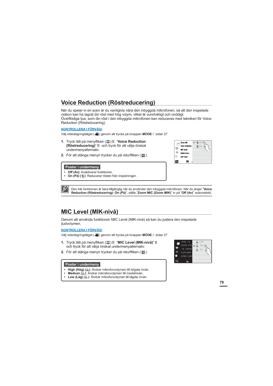 Samsung HMX-S10BP/EDC manual Voice Reduction Röstreducering, MIC Level MIK-nivå 