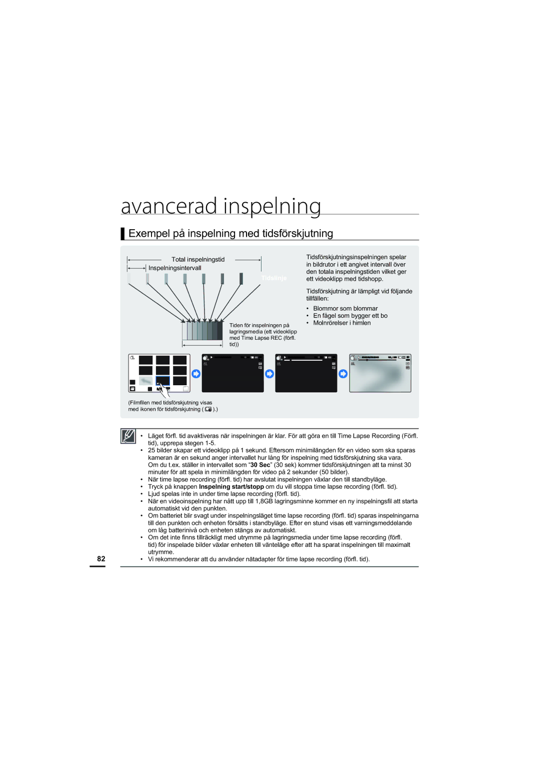 Samsung HMX-S10BP/EDC manual Exempel på inspelning med tidsförskjutning, Tidslinje 