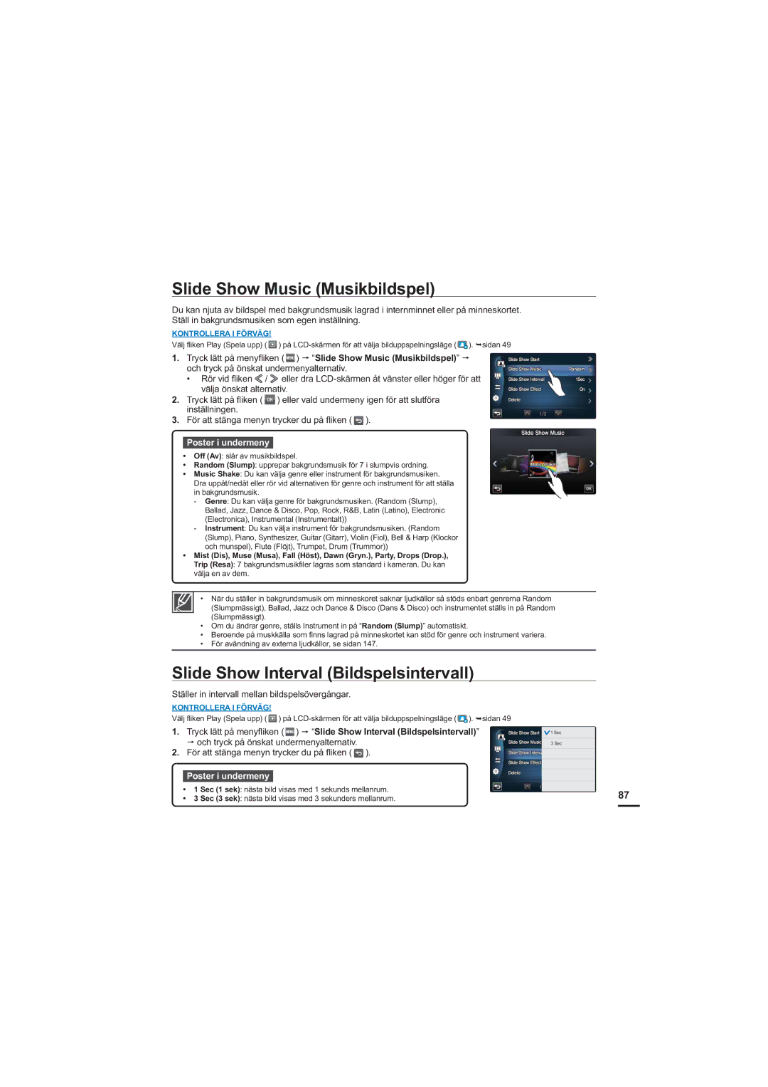 Samsung HMX-S10BP/EDC manual Slide Show Music Musikbildspel, Slide Show Interval Bildspelsintervall 