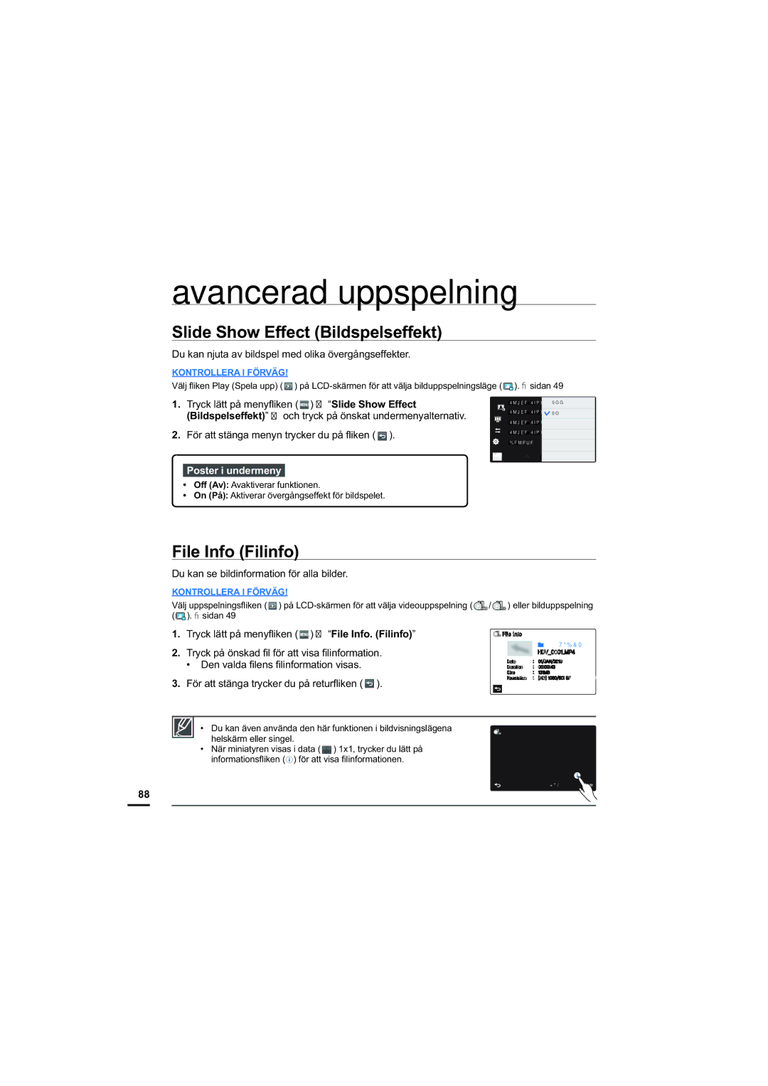 Samsung HMX-S10BP/EDC manual Slide Show Effect Bildspelseffekt, File Info Filinfo 