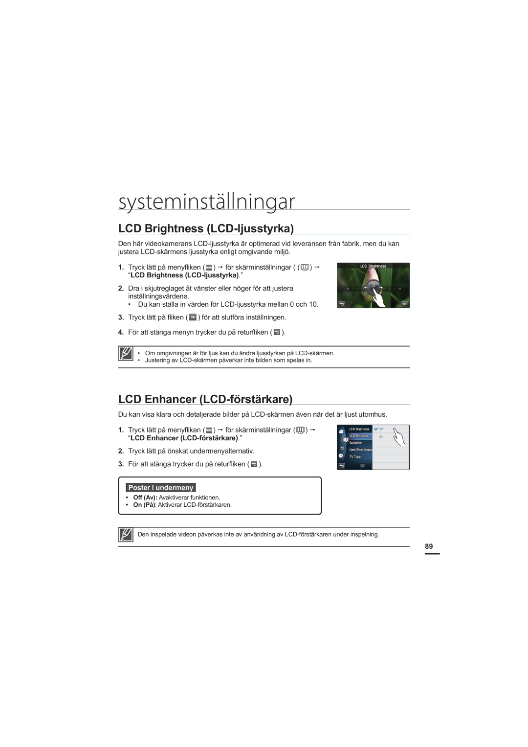 Samsung HMX-S10BP/EDC manual Systeminställningar, LCD Brightness LCD-ljusstyrka, LCD Enhancer LCD-förstärkare 