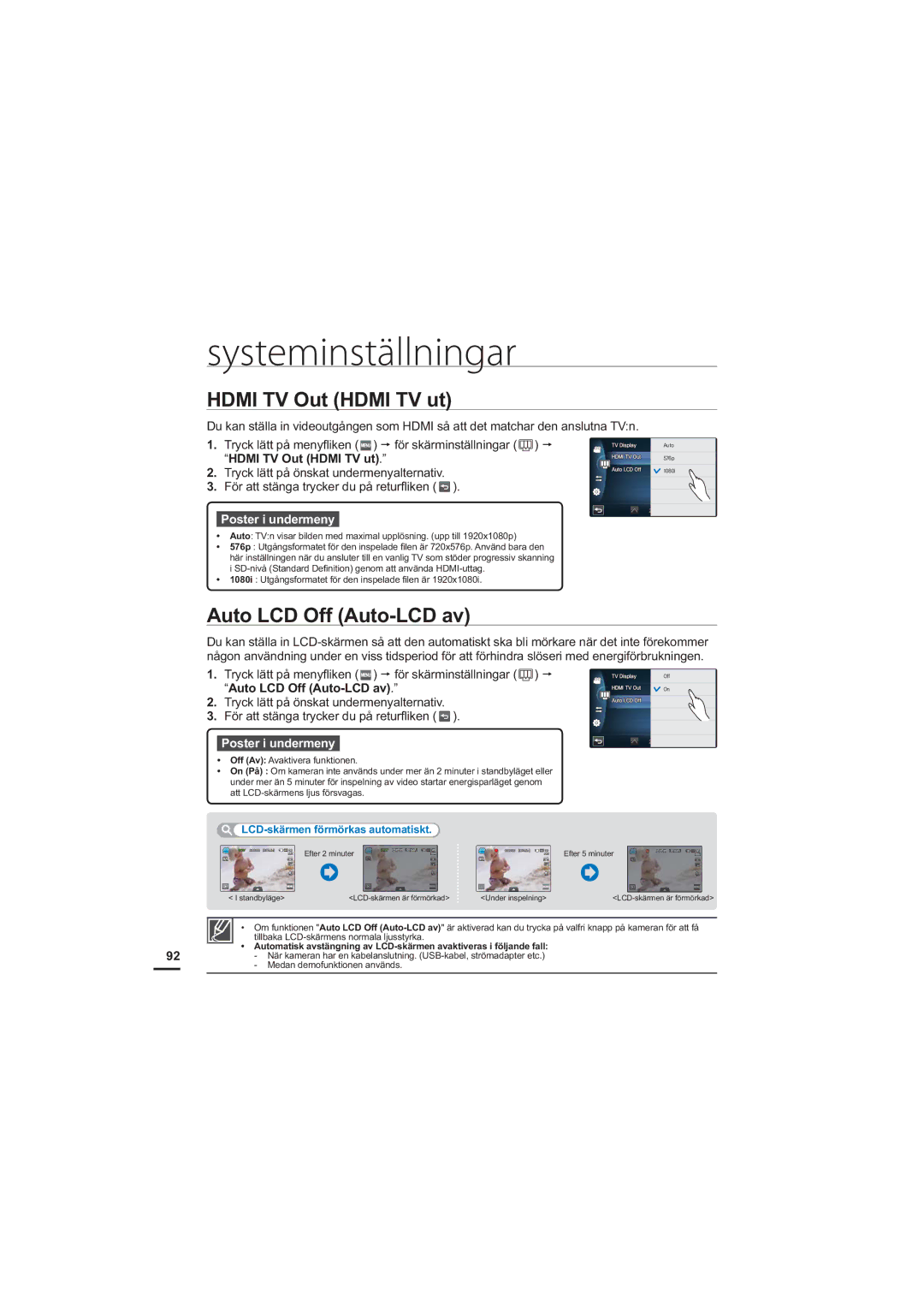 Samsung HMX-S10BP/EDC manual Hdmi TV Out Hdmi TV ut, Auto LCD Off Auto-LCD av, LCD-skärmen förmörkas automatiskt 