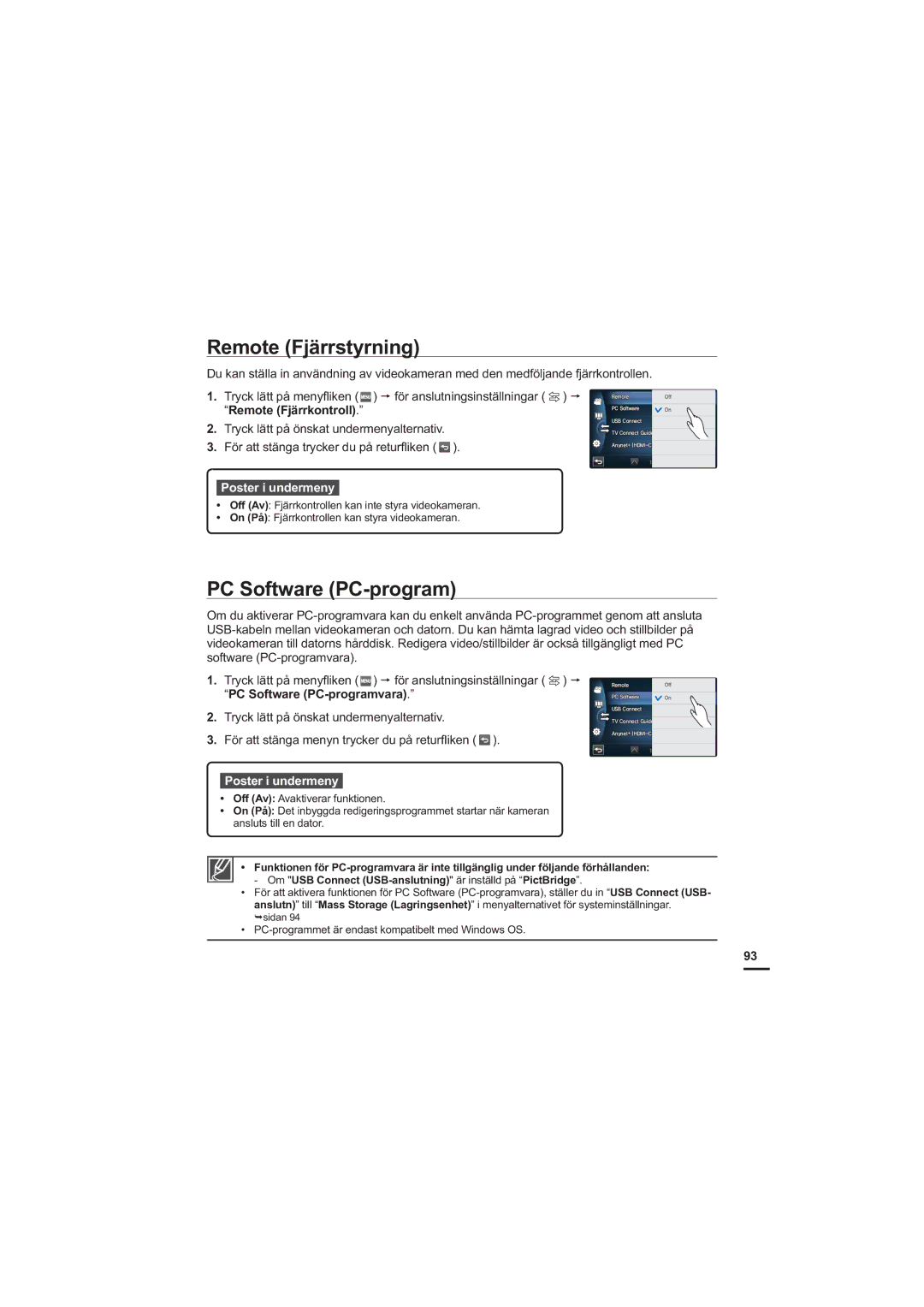 Samsung HMX-S10BP/EDC manual Remote Fjärrstyrning, PC Software PC-program 