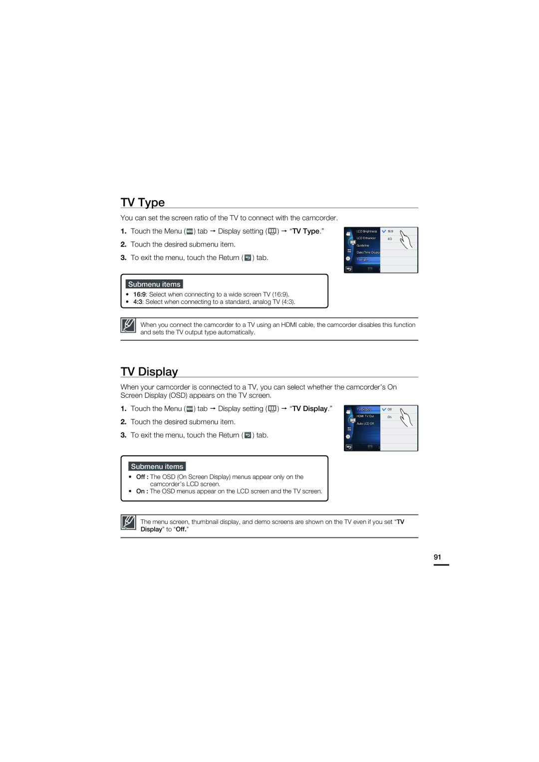 Samsung HMX-S10BN, HMX-S15BN, HMX-S16BN user manual TV Type, TV Display 