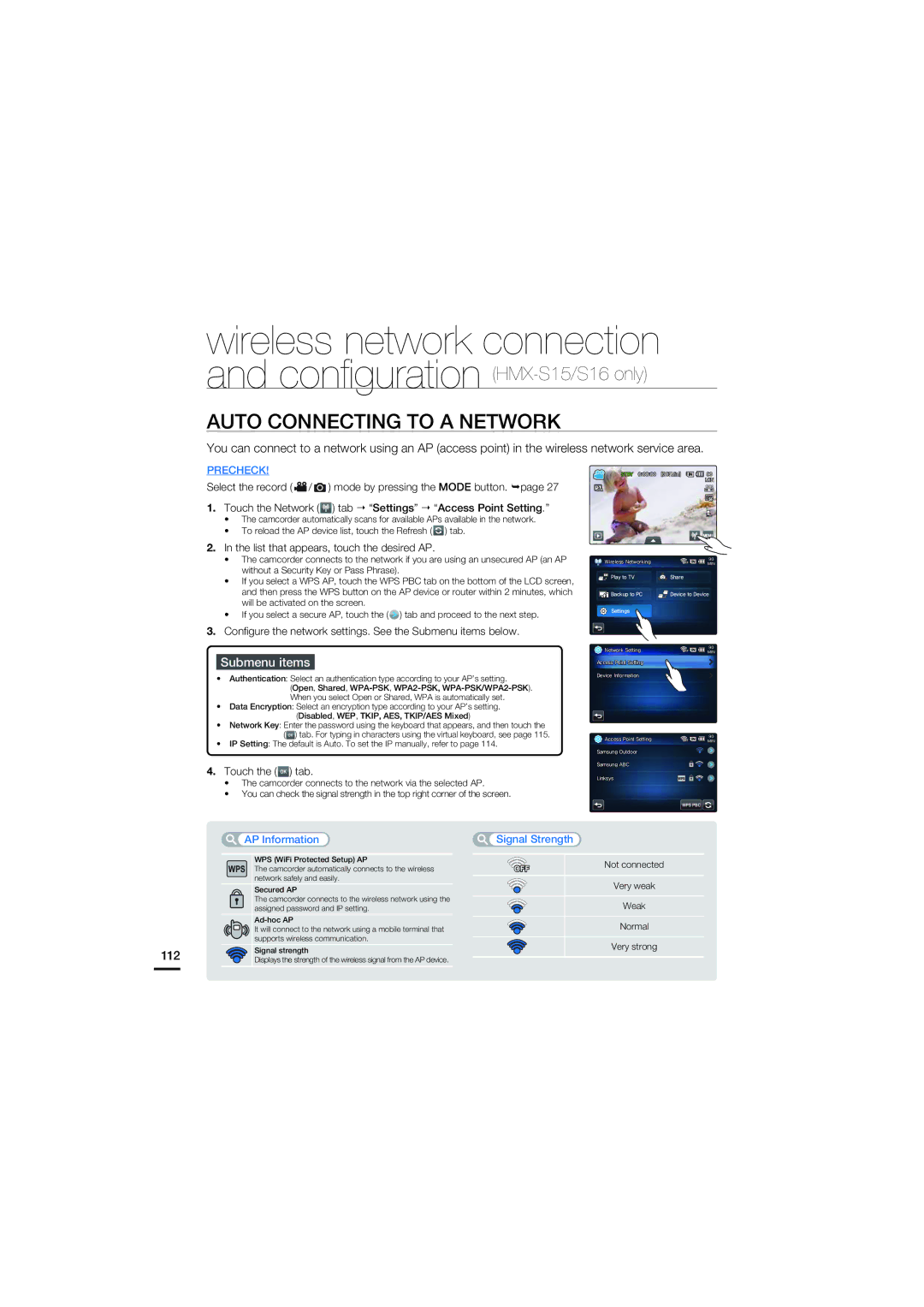 Samsung HMX-S10BN, HMX-S15BN Wireless network connection, Auto Connecting to a Network, Conﬁguration HMX-S15/S16 only 