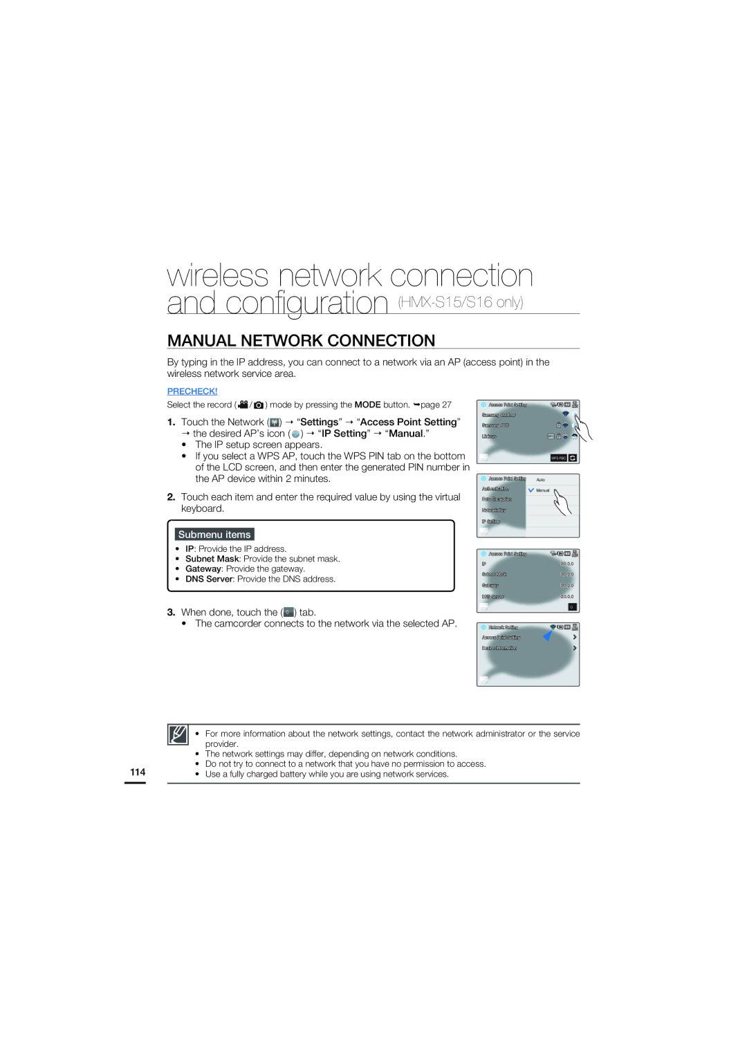 Samsung HMX-S16BN, HMX-S15BN, HMX-S10BN Manual Network Connection, Select the record / mode by pressing the Mode button 