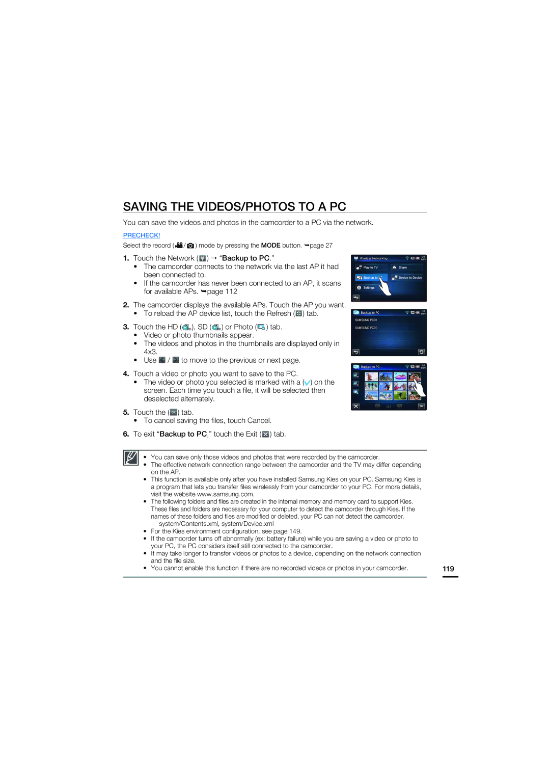 Samsung HMX-S15BN, HMX-S16BN Saving the VIDEOS/PHOTOS to a PC, Select the record / mode by pressing the Mode button 