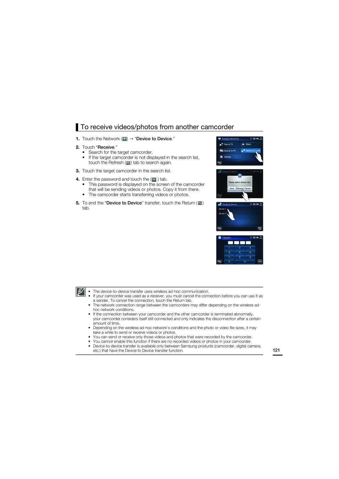 Samsung HMX-S10BN, HMX-S15BN, HMX-S16BN user manual To receive videos/photos from another camcorder, 121 