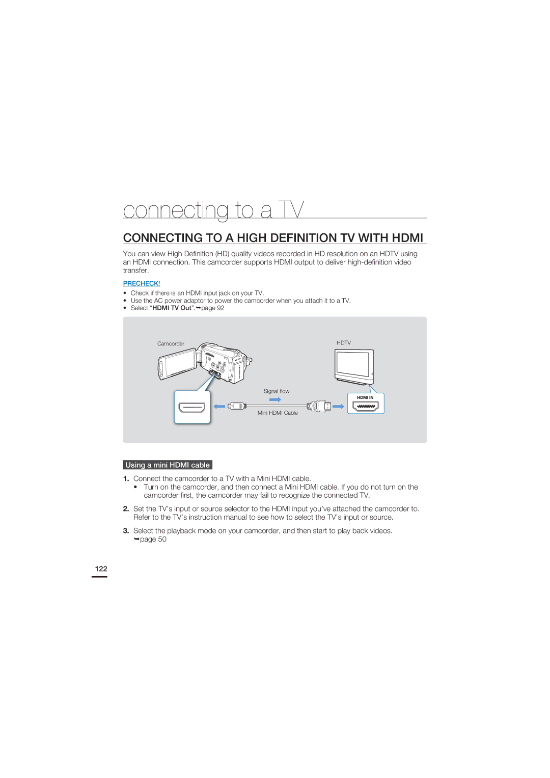 Samsung HMX-S15BN, HMX-S16BN Connecting to a TV, Connecting to a High Definition TV with Hdmi, Using a mini Hdmi cable 