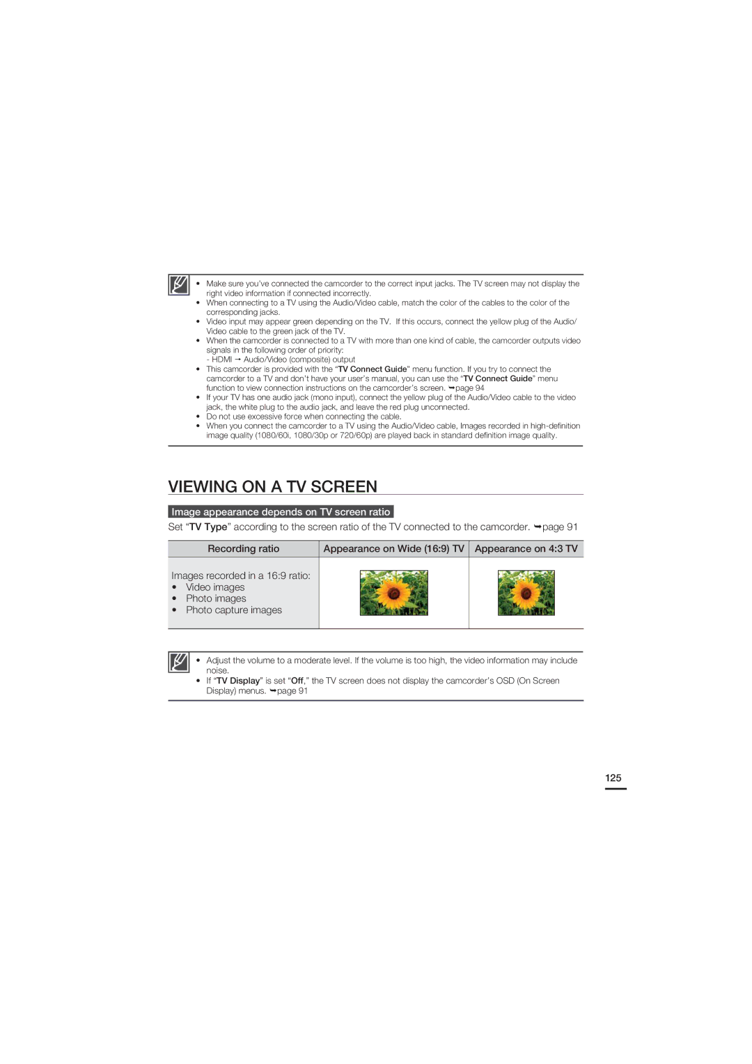 Samsung HMX-S15BN, HMX-S16BN, HMX-S10BN user manual Viewing on a TV Screen, Image appearance depends on TV screen ratio, 125 