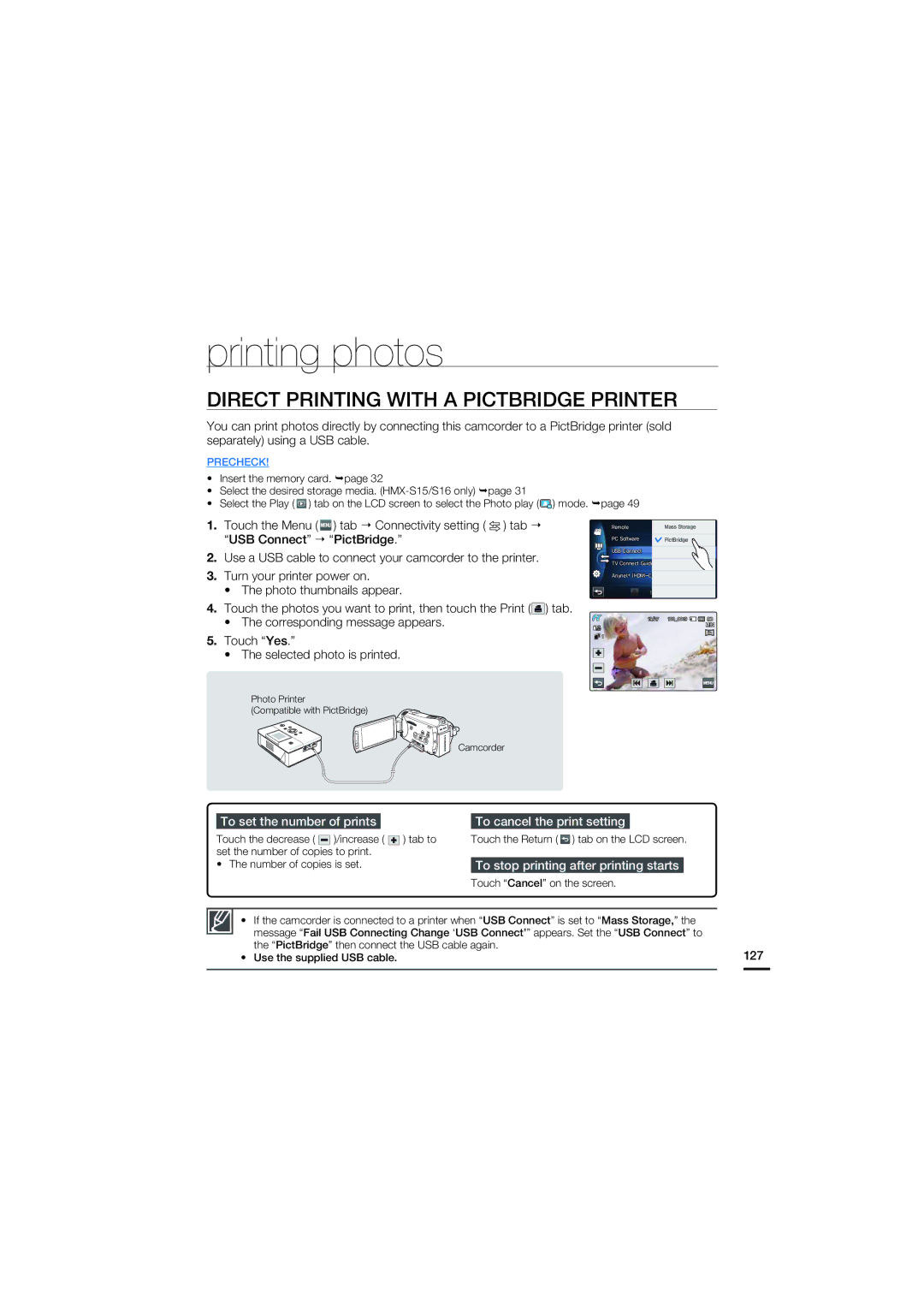 Samsung HMX-S10BN Printing photos, Direct Printing with a Pictbridge Printer, To stop printing after printing starts 