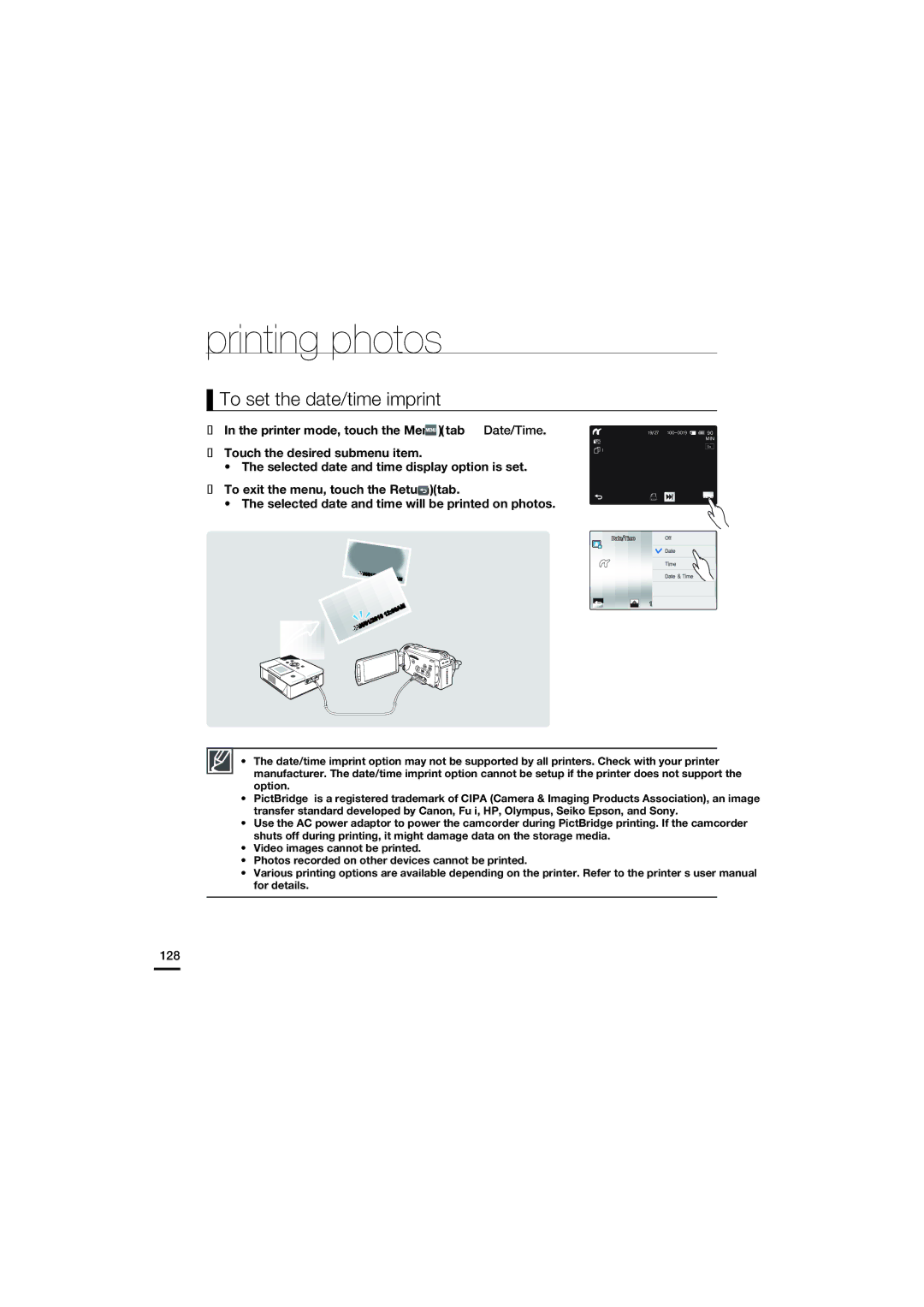 Samsung HMX-S15BN, HMX-S16BN, HMX-S10BN To set the date/time imprint, Printer mode, touch the Menu tab Date/Time, 128 