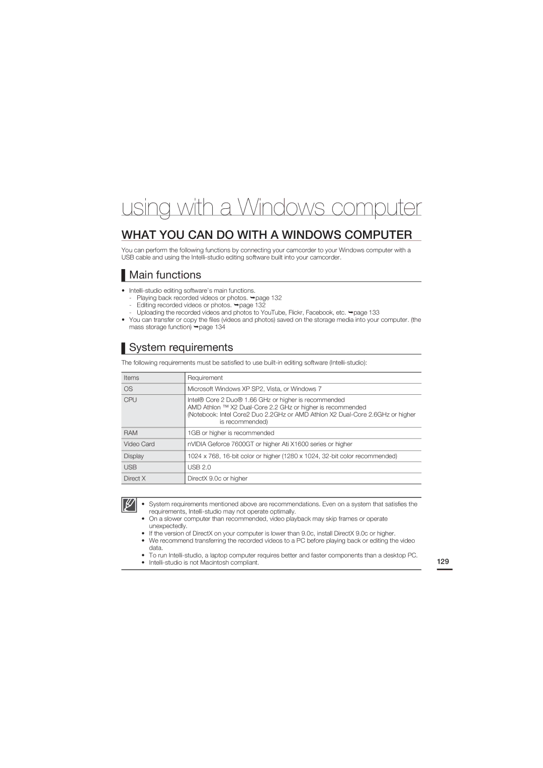 Samsung HMX-S16BN, HMX-S15BN, HMX-S10BN What YOU can do with a Windows Computer, Main functions, System requirements, 129 