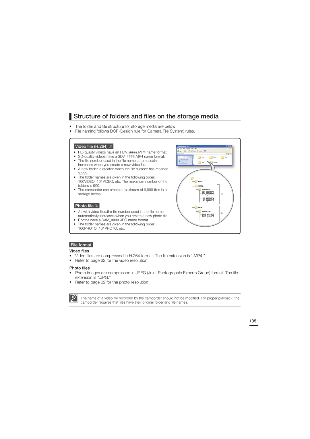 Samsung HMX-S16BN Structure of folders and ﬁles on the storage media, Video ﬁle H.264 ➀, Photo ﬁle ➁, File format, 135 