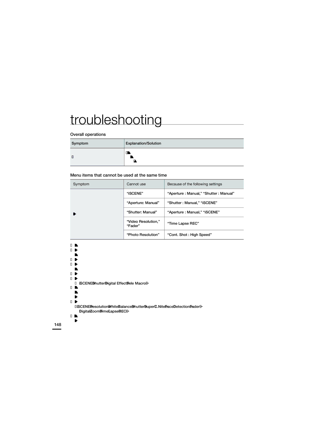 Samsung HMX-S10BN, HMX-S15BN, HMX-S16BN user manual Overall operations, Menu items that cannot be used at the same time, 148 